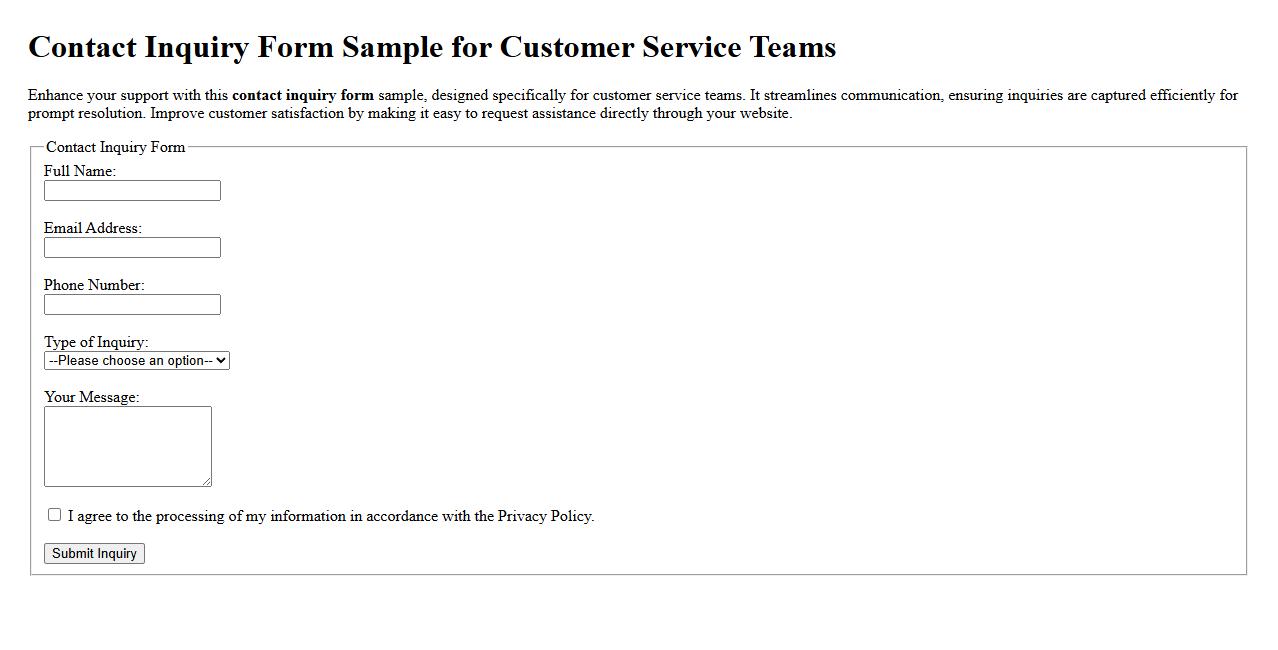 Contact inquiry form sample for customer service teams image preview