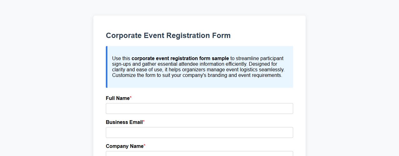 corporate event registration form sample image preview