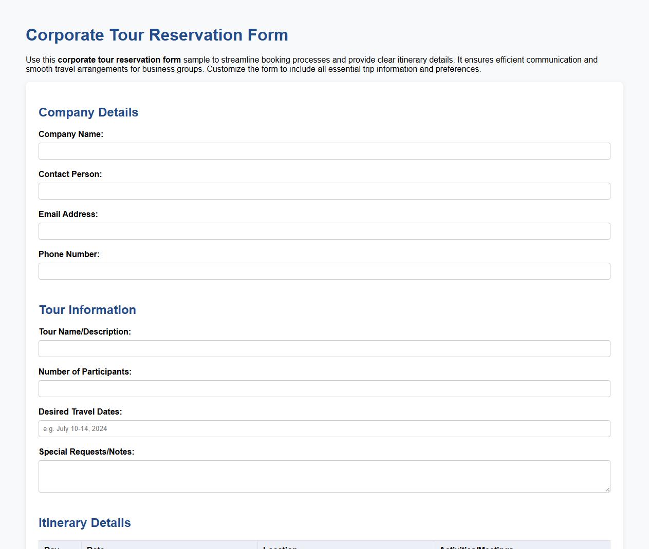 Corporate tour reservation form sample with itinerary image preview