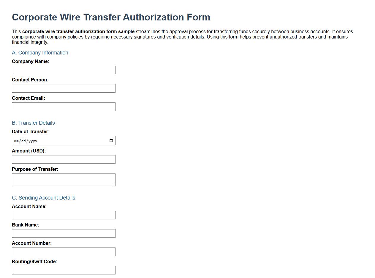corporate wire transfer authorization form sample image preview