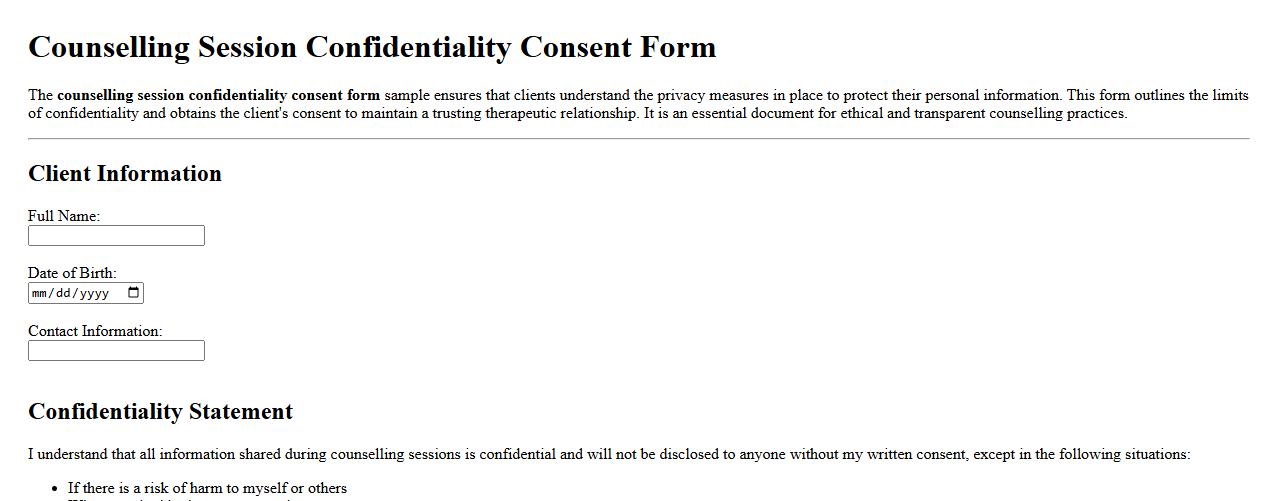 Counselling session confidentiality consent form sample image preview
