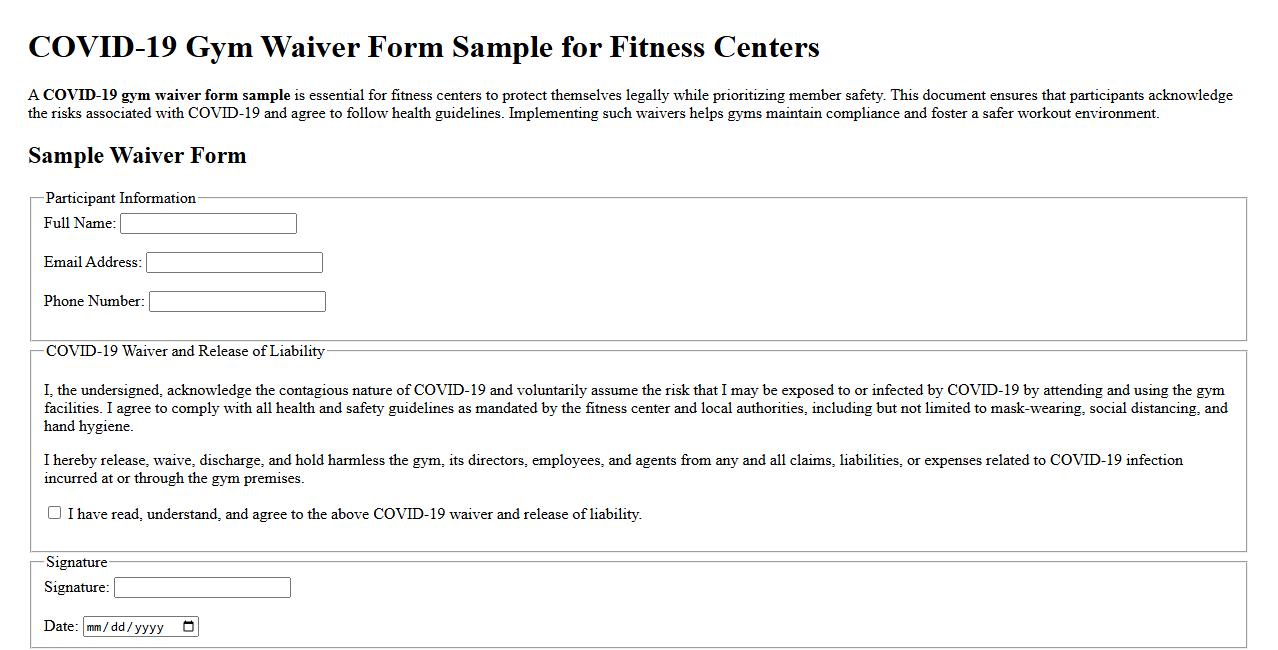 COVID-19 gym waiver form sample for fitness centers image preview