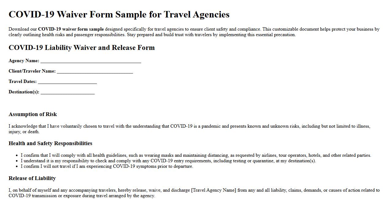 COVID-19 waiver form sample for travel agencies image preview