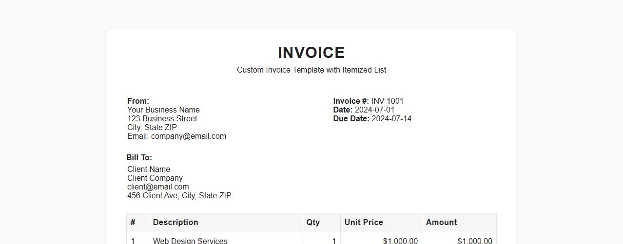 Custom invoice template with itemized list image preview