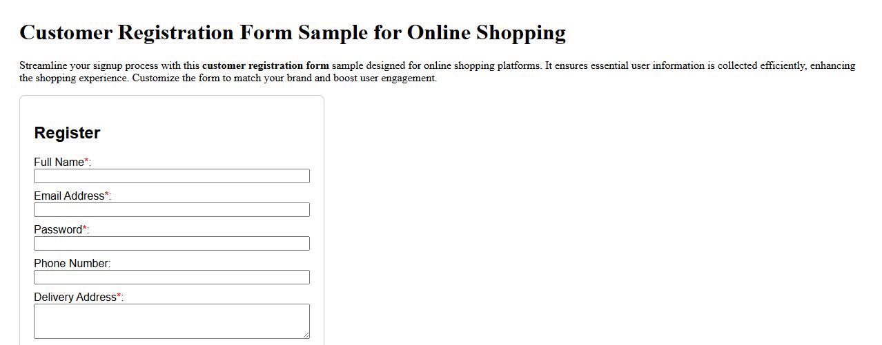 Customer registration form sample for online shopping image preview