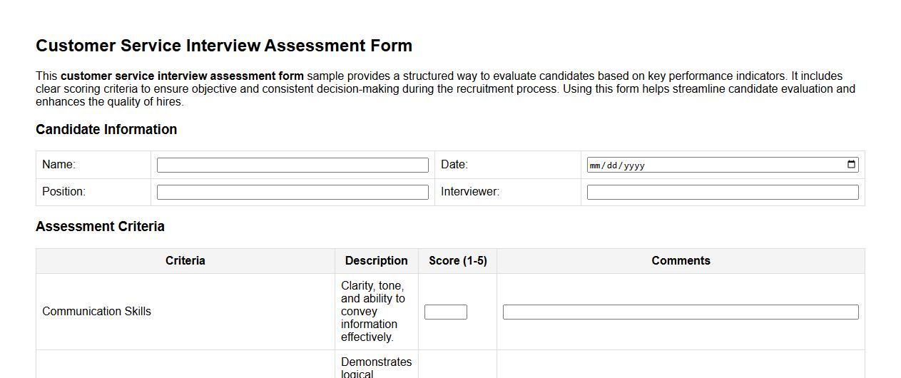 Customer service interview assessment form sample with scoring criteria image preview