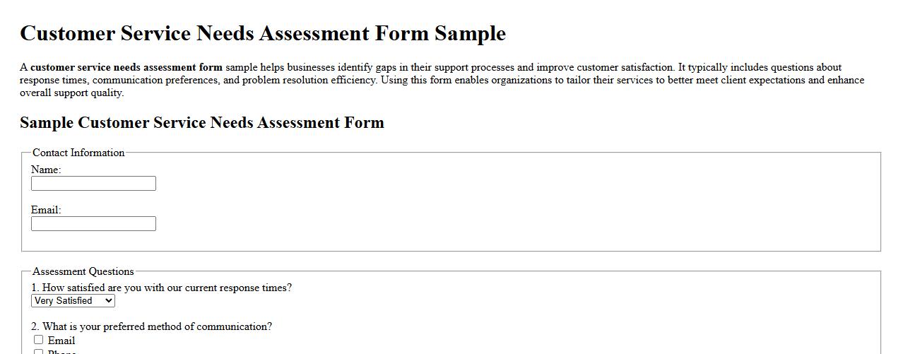 Customer service needs assessment form sample image preview