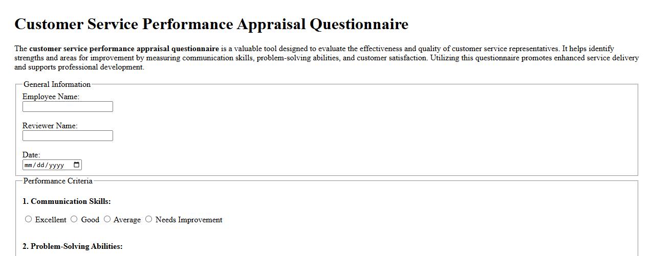 Customer service performance appraisal questionnaire image preview