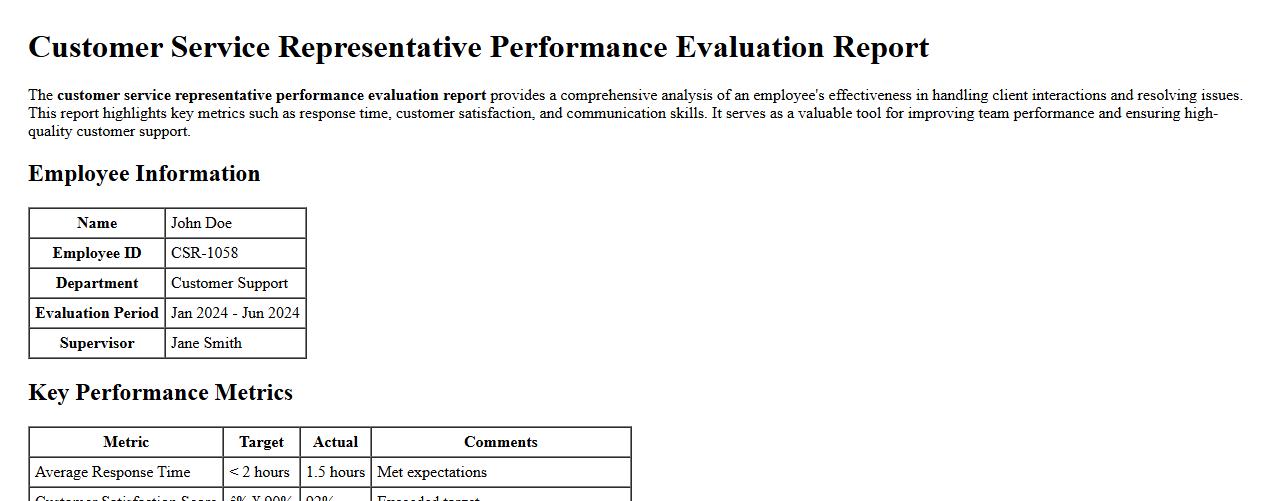 Customer service representative performance evaluation report image preview