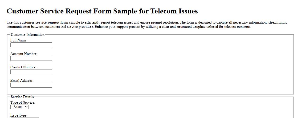 Customer service request form sample for telecom issues image preview
