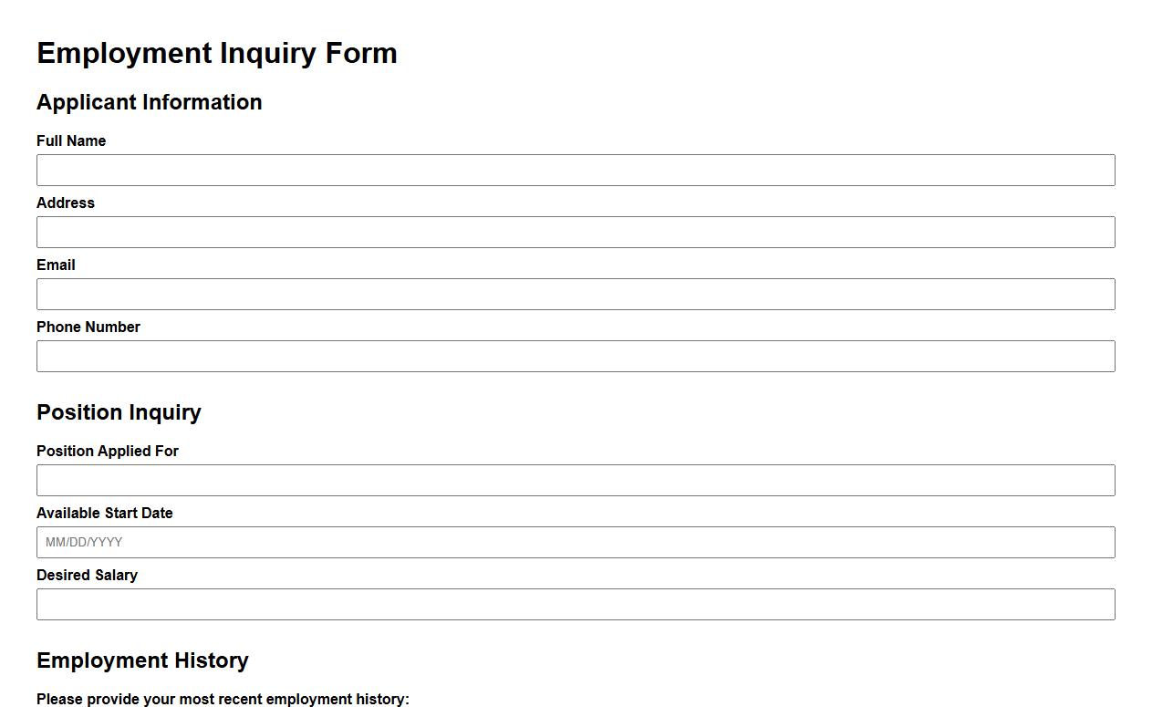 customizable employment inquiry form sample with references section image preview