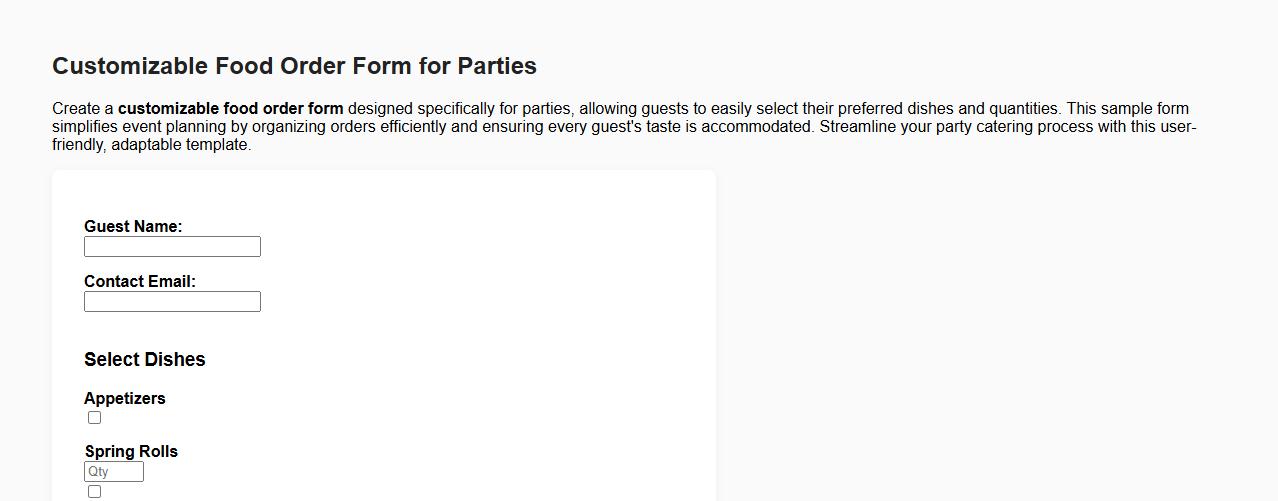 Customizable food order form sample for parties image preview