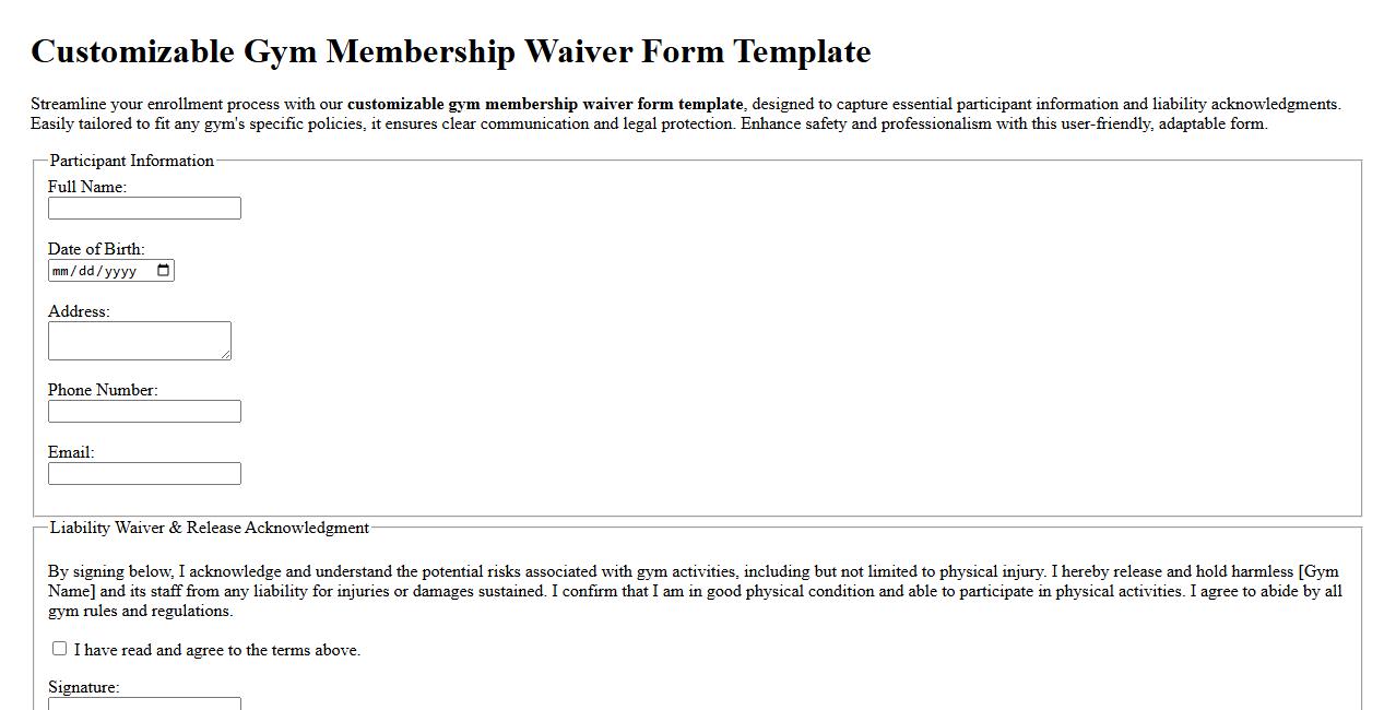 Customizable gym membership waiver form template image preview