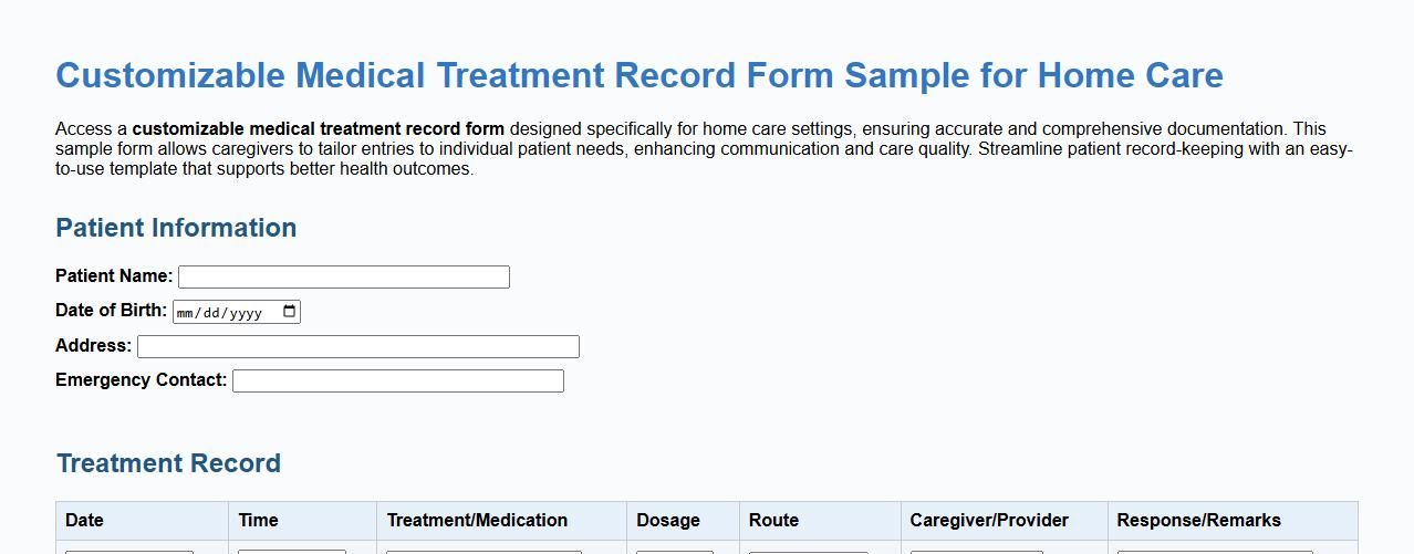 Customizable medical treatment record form sample for home care image preview