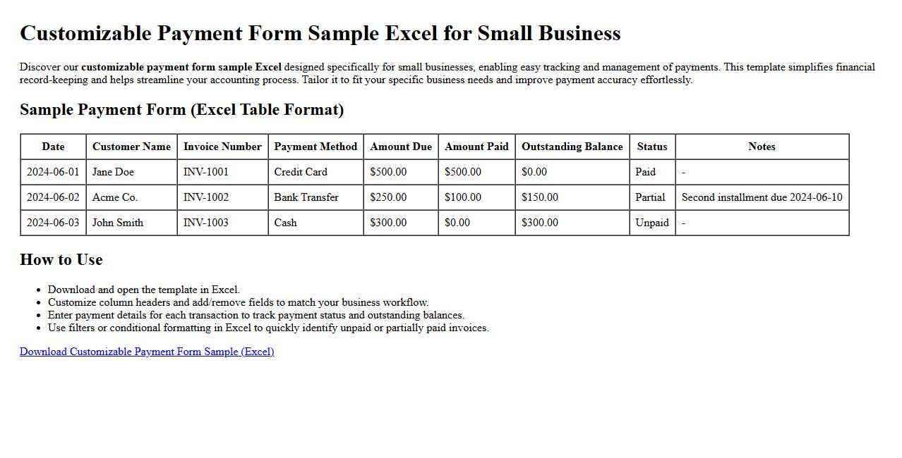 Customizable payment form sample excel for small business image preview