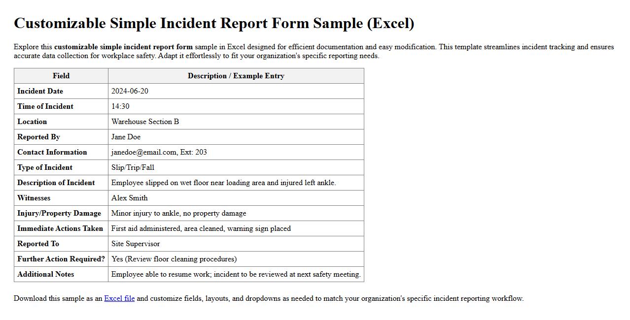 customizable simple incident report form sample excel image preview