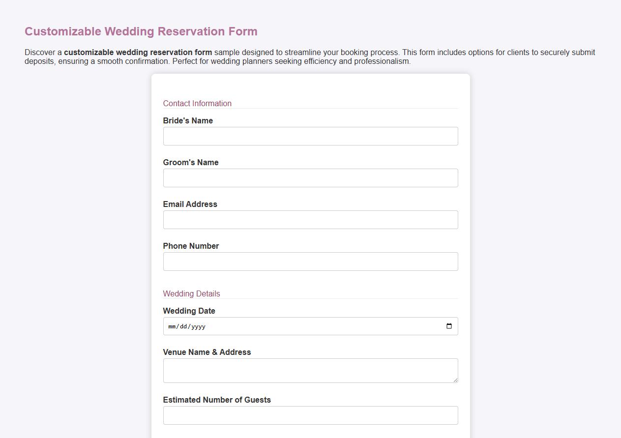 Customizable wedding reservation form sample with deposit image preview