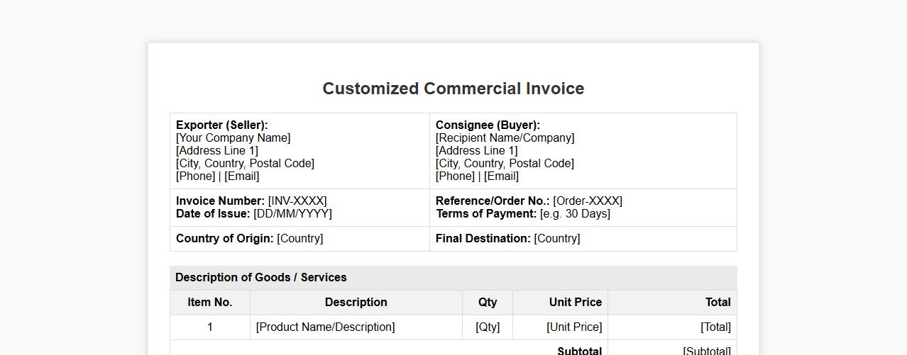 customized commercial invoice form sample template image preview