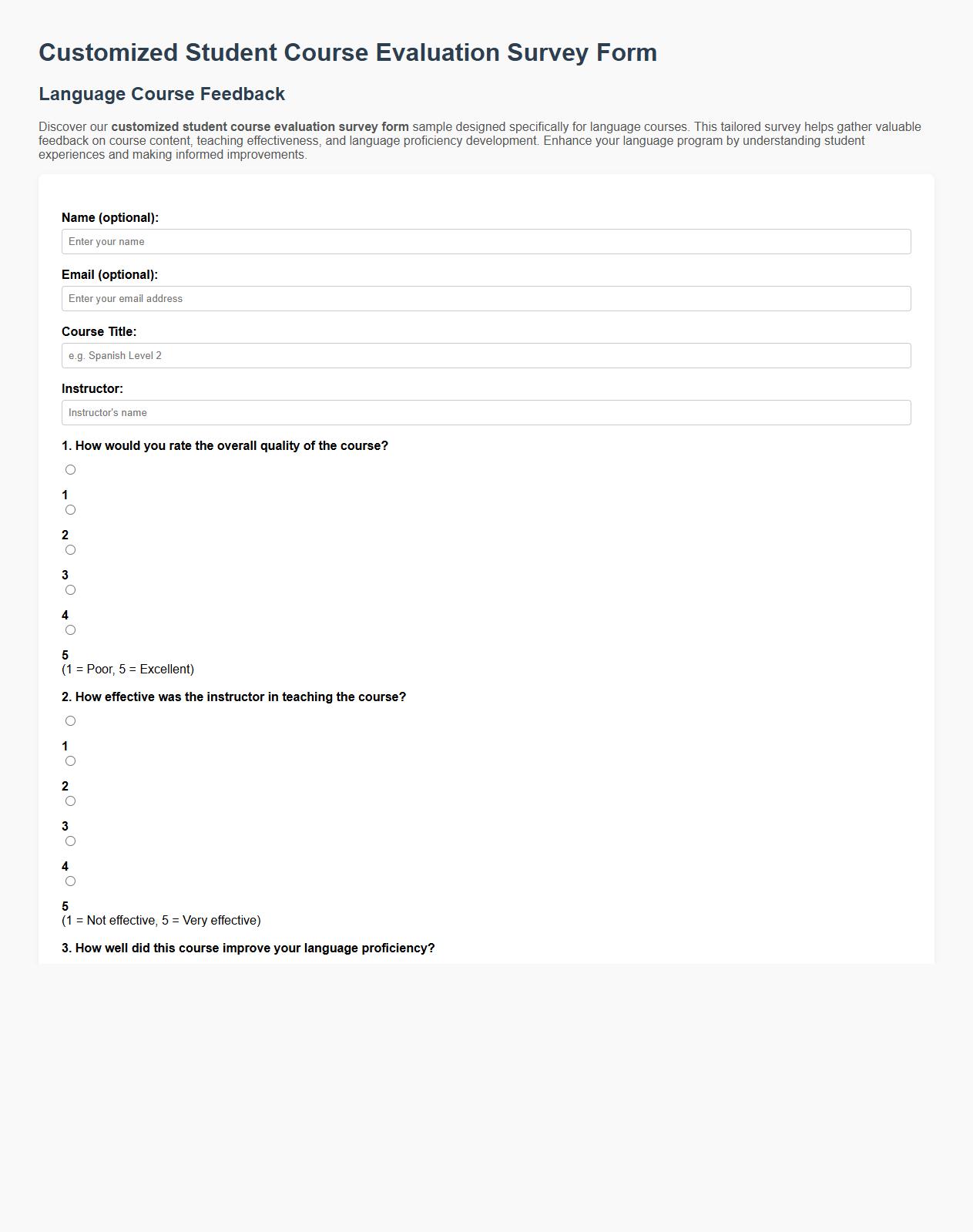 customized student course evaluation survey form sample for language courses image preview