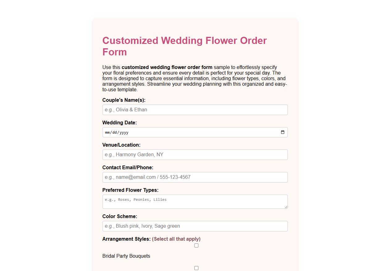 customized wedding flower order form sample image preview