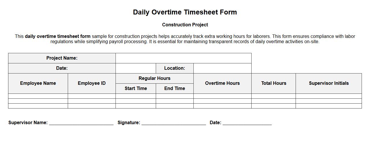 daily overtime timesheet form sample for construction image preview