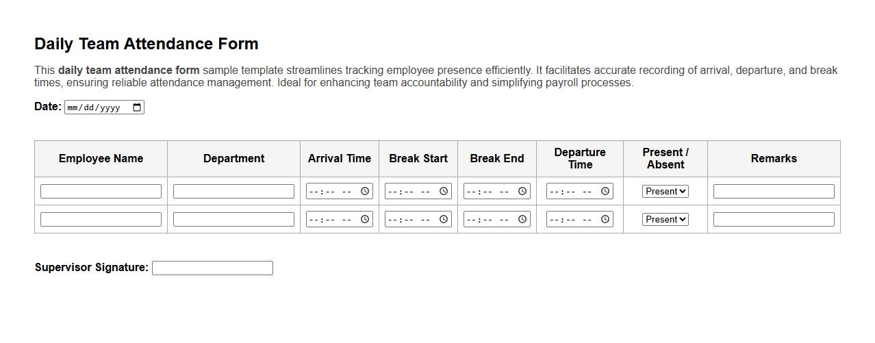 daily team attendance form sample template image preview