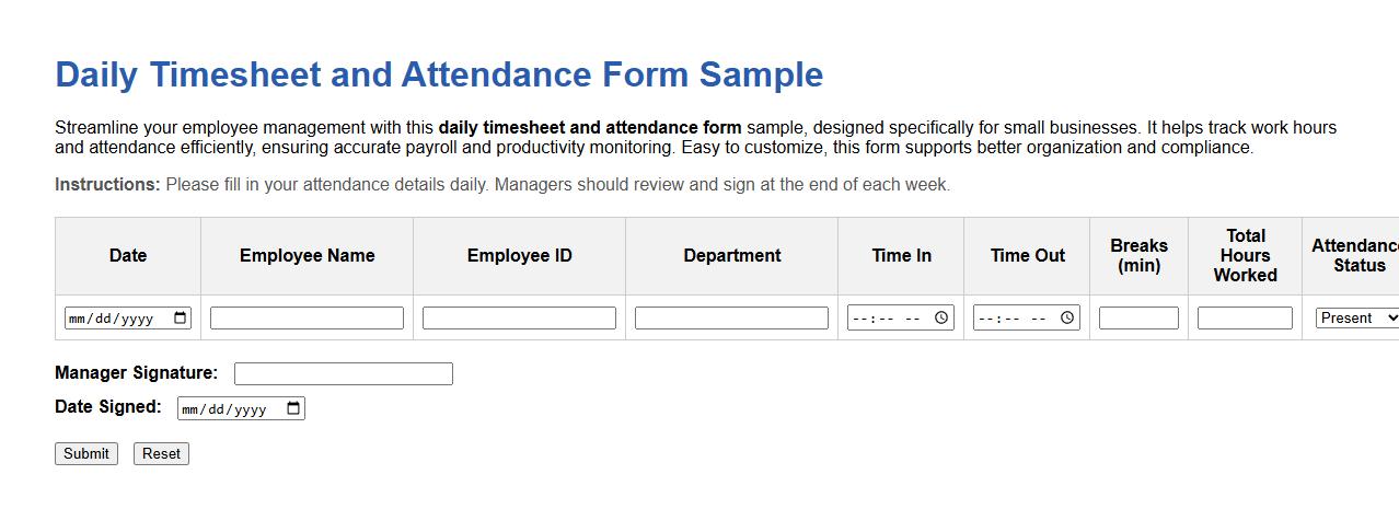Daily timesheet and attendance form sample for small business image preview