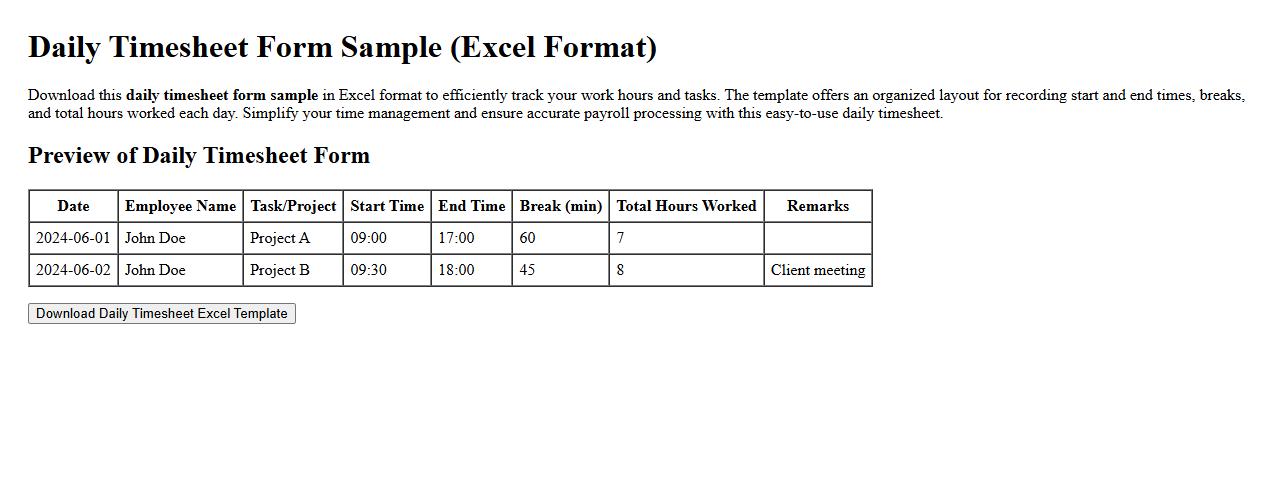 daily timesheet form sample in excel format image preview