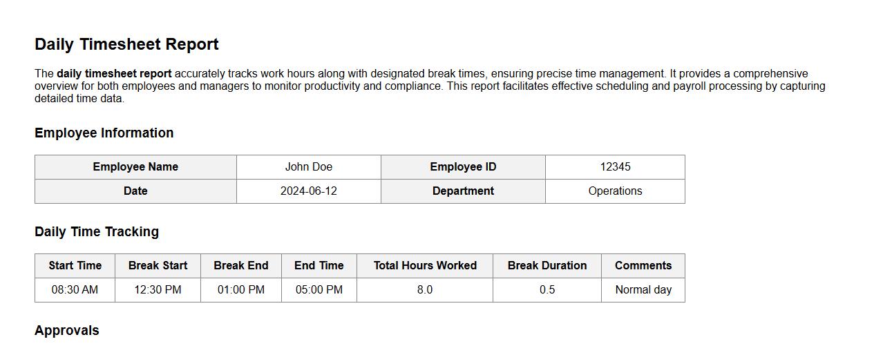 daily timesheet report including break times image preview