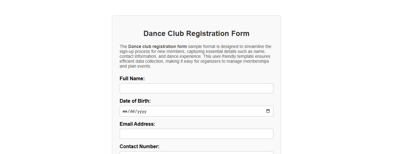 Dance club registration form sample format image preview