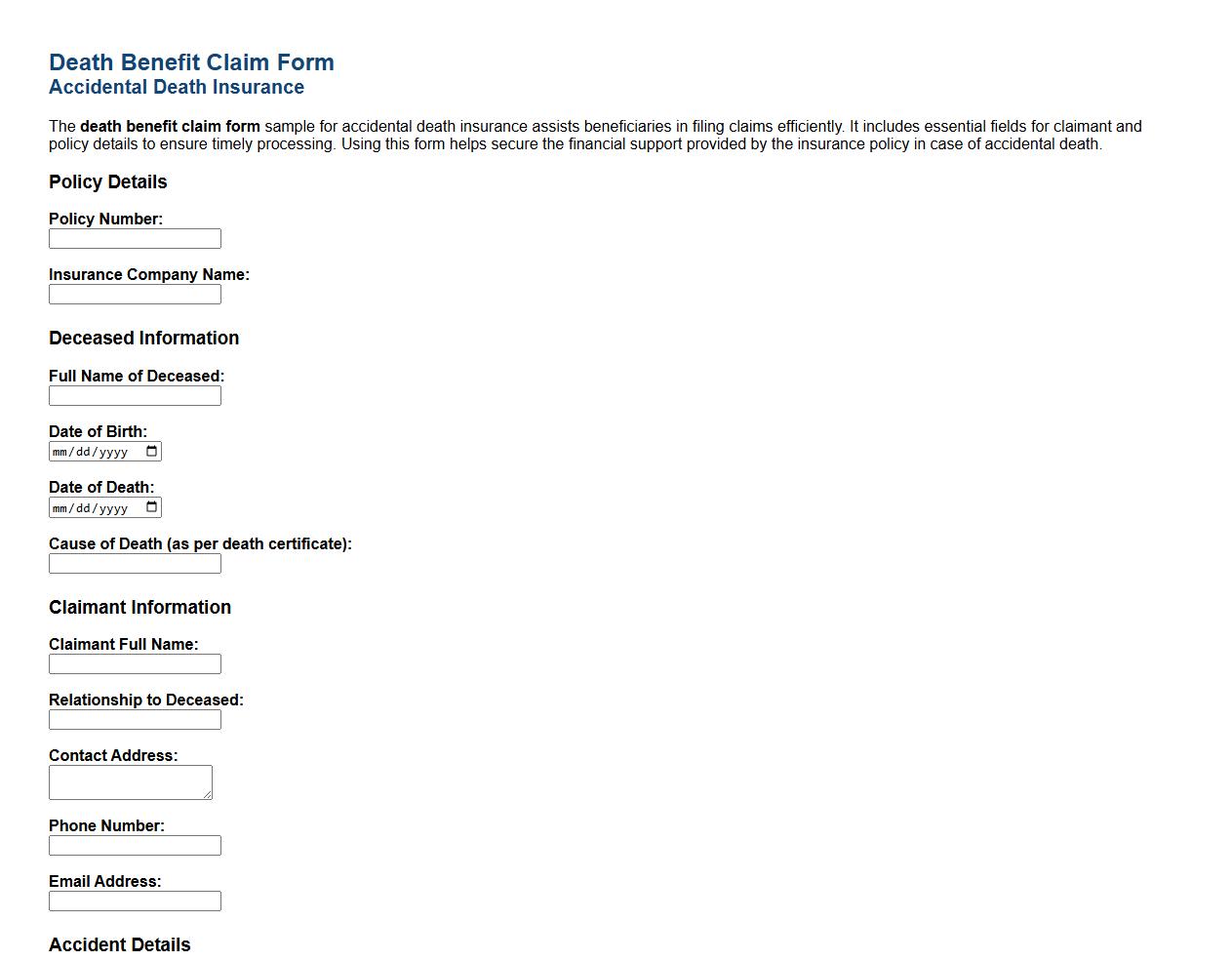 Death benefit claim form sample for accidental death insurance image preview