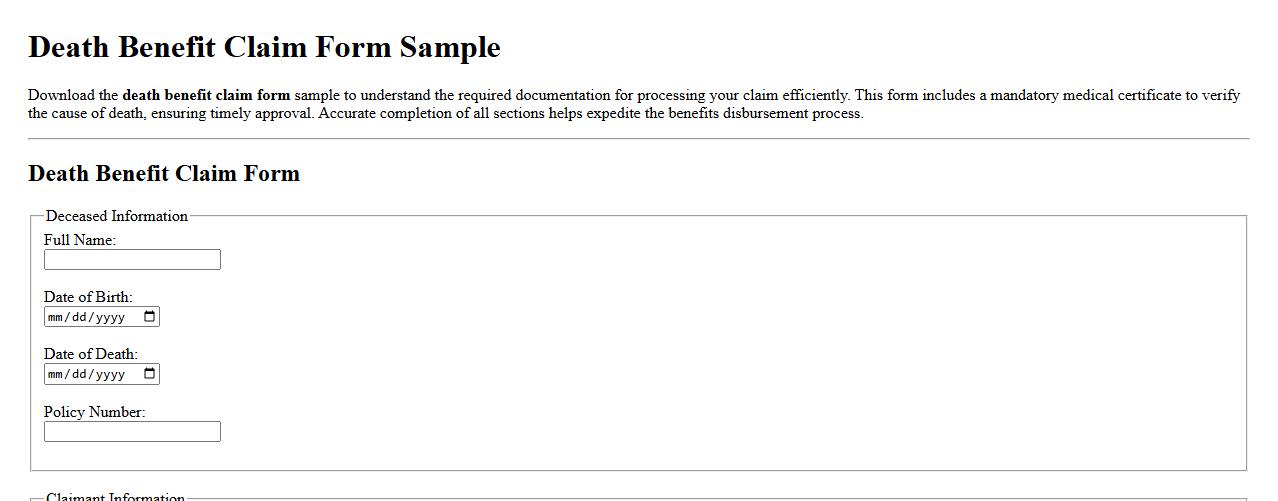 Death benefit claim form sample with medical certificate requirement image preview