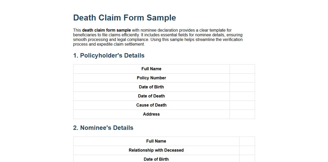 death claim form sample with nominee declaration image preview