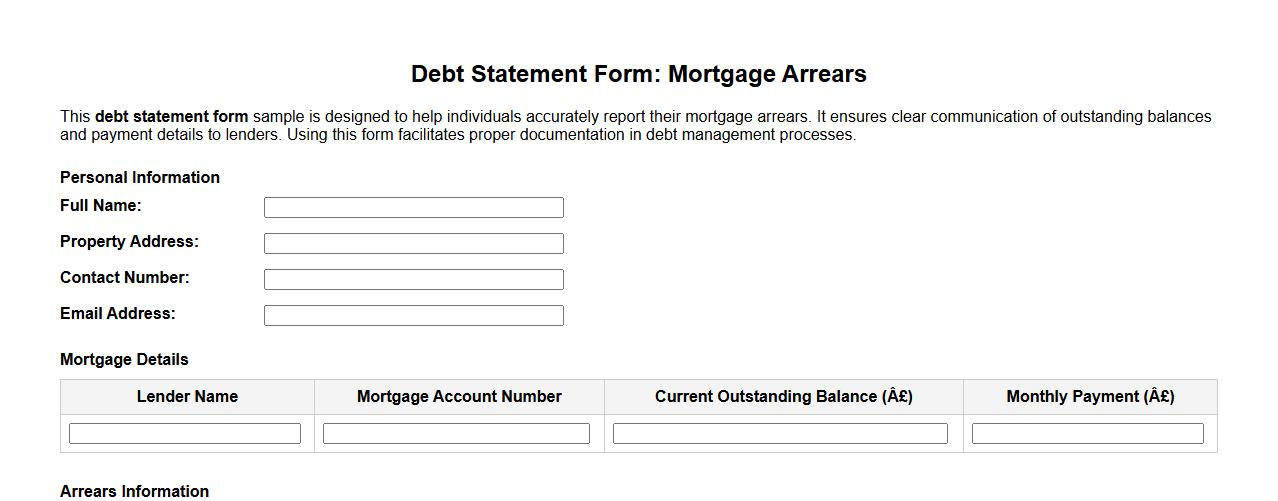 Debt statement form sample for mortgage arrears image preview