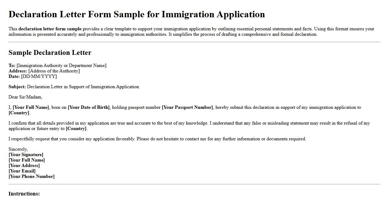 Declaration letter form sample for immigration application image preview