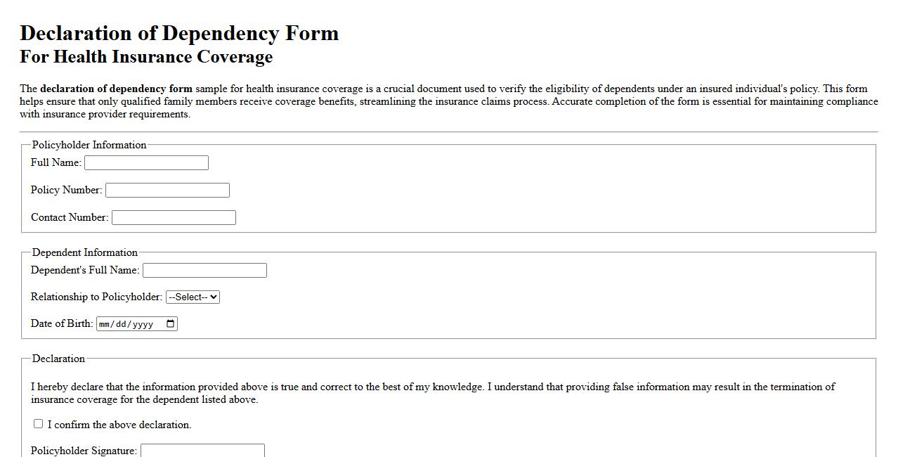 declaration of dependency form sample for health insurance coverage image preview