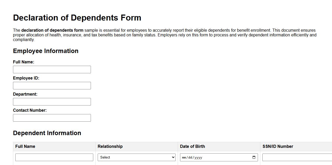 declaration of dependents form sample for employee benefits image preview