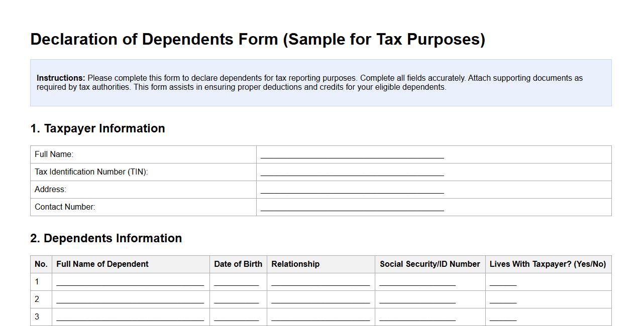 declaration of dependents form sample for tax purposes image preview