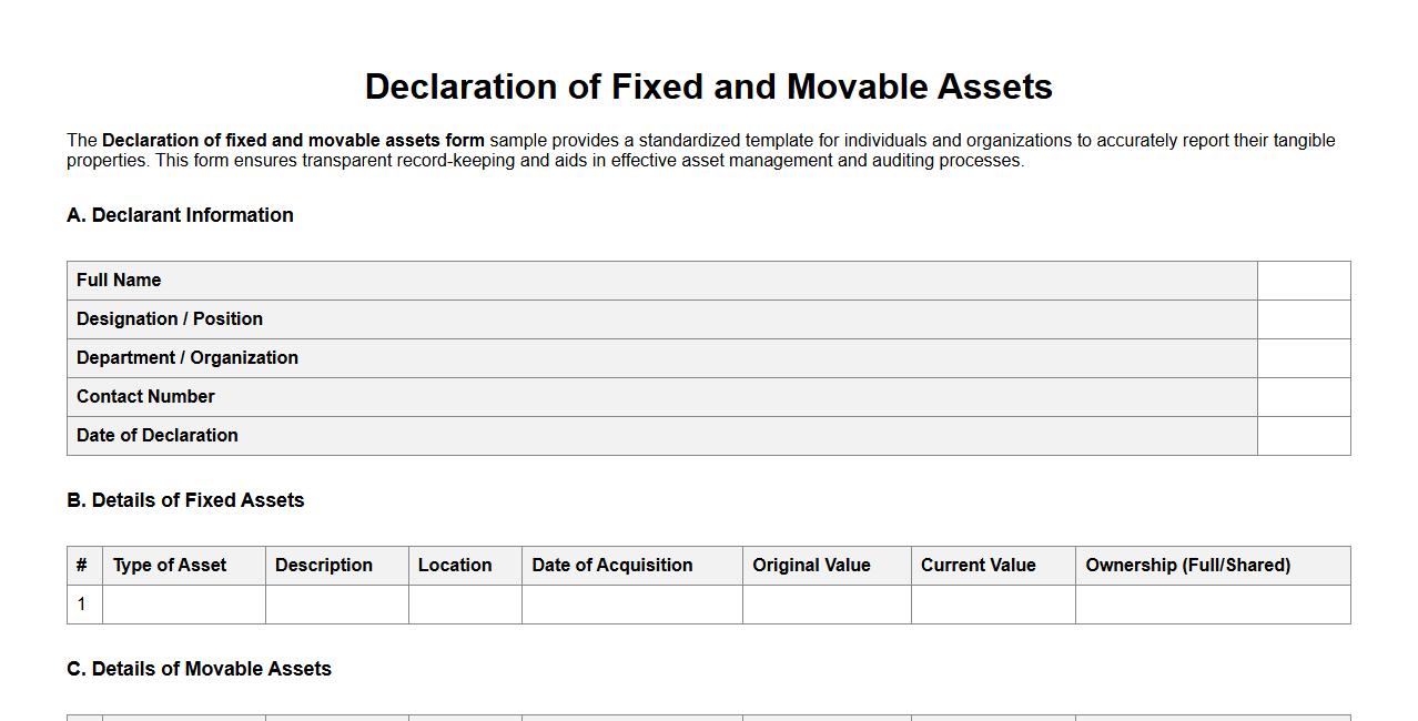 Declaration of fixed and movable assets form sample image preview