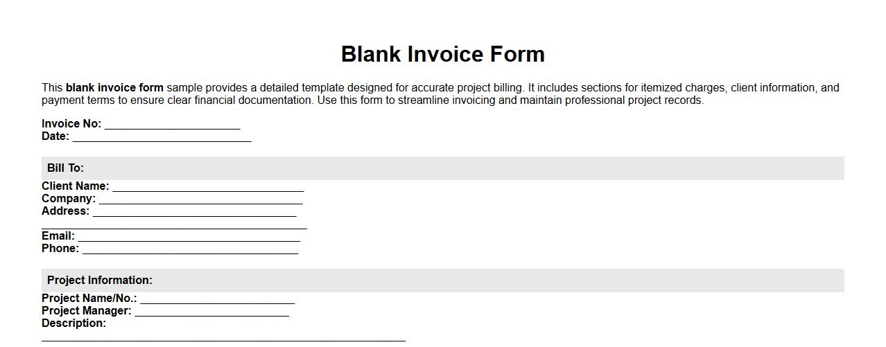 Detailed blank invoice form sample for project billing image preview