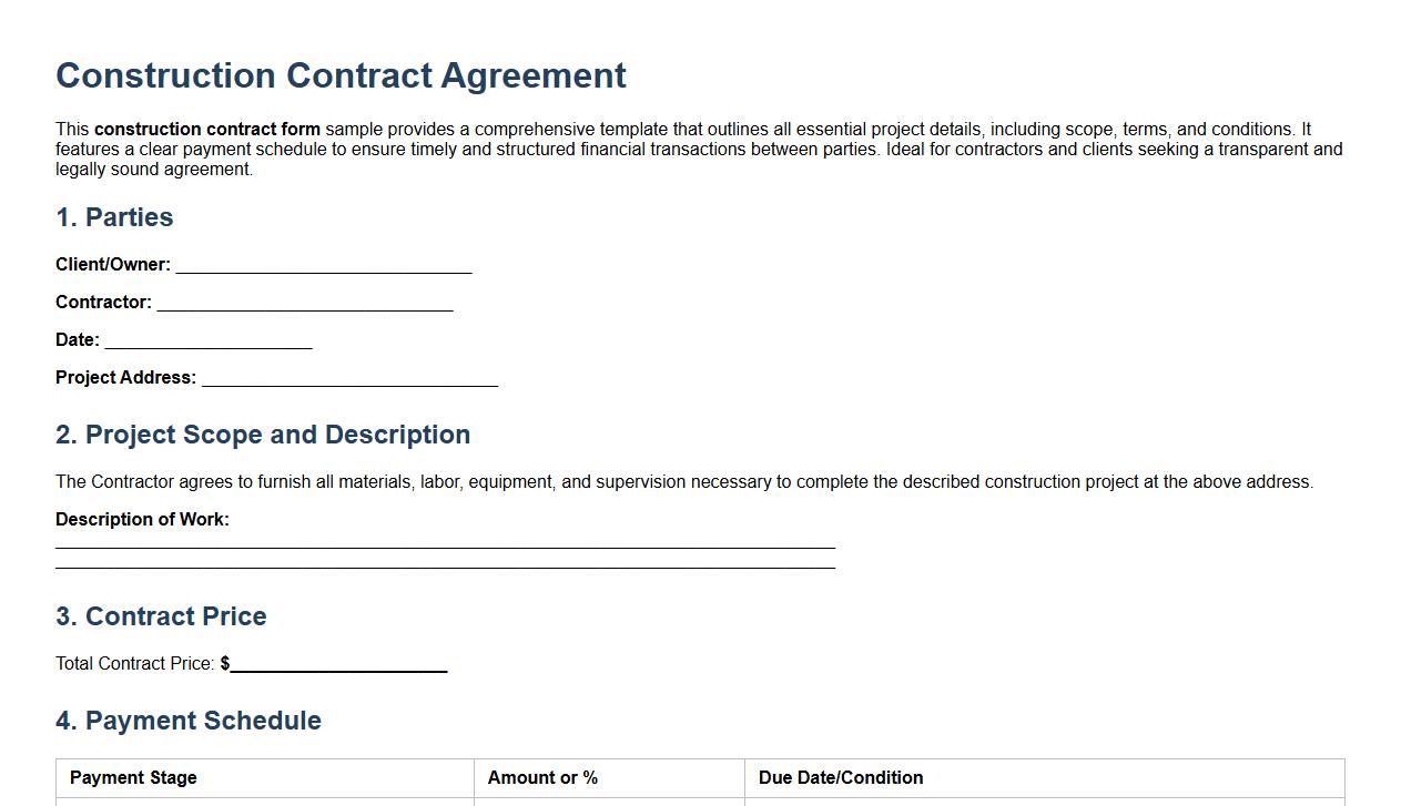 Detailed construction contract form sample with payment schedule image preview