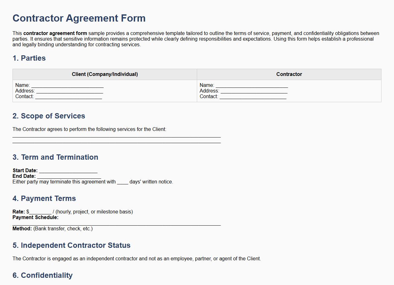 detailed contractor agreement form sample with confidentiality image preview