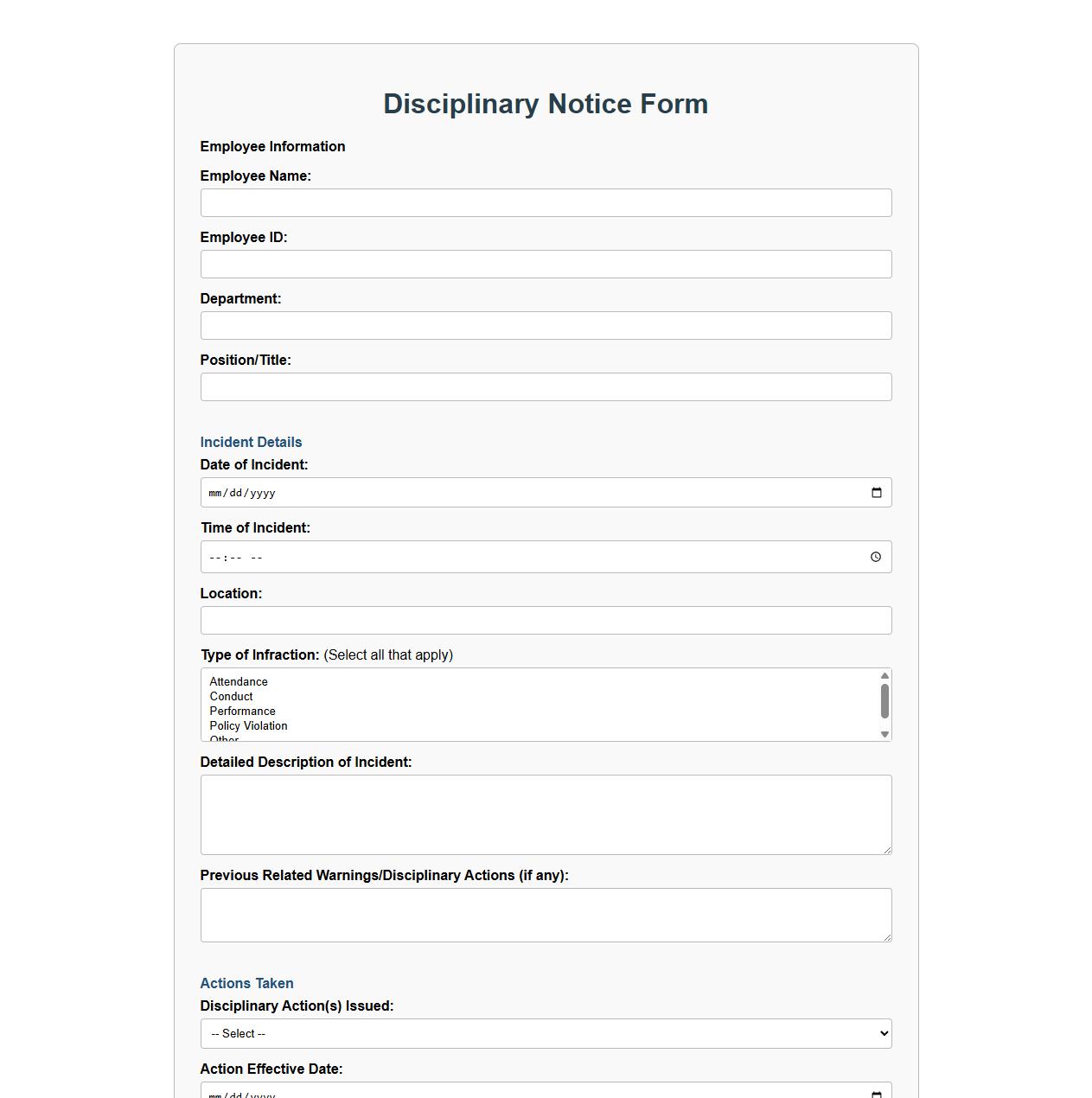 detailed disciplinary notice form sample for HR departments image preview
