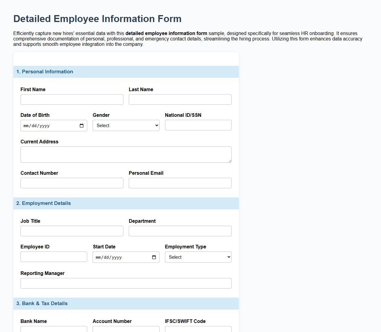 detailed employee information form sample for HR onboarding image preview