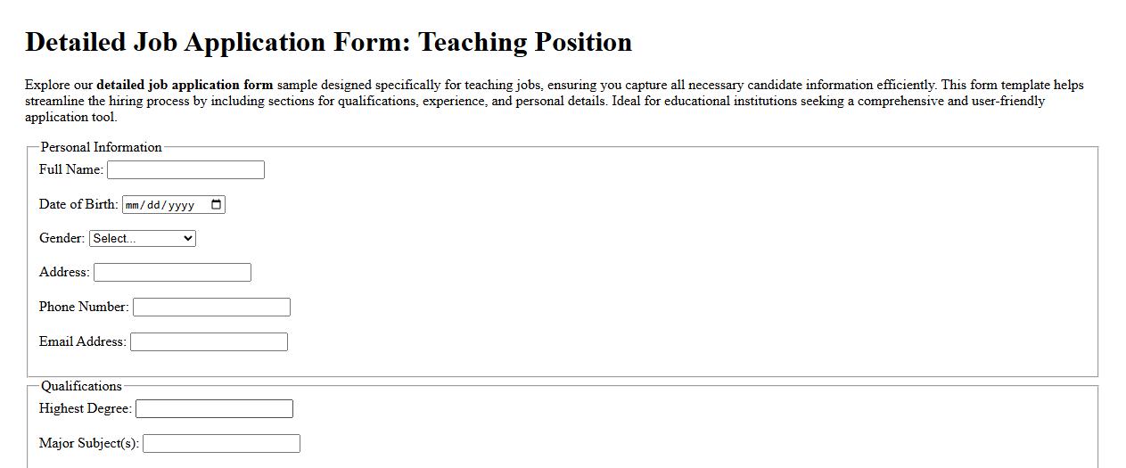 Detailed job application form sample for teaching jobs image preview