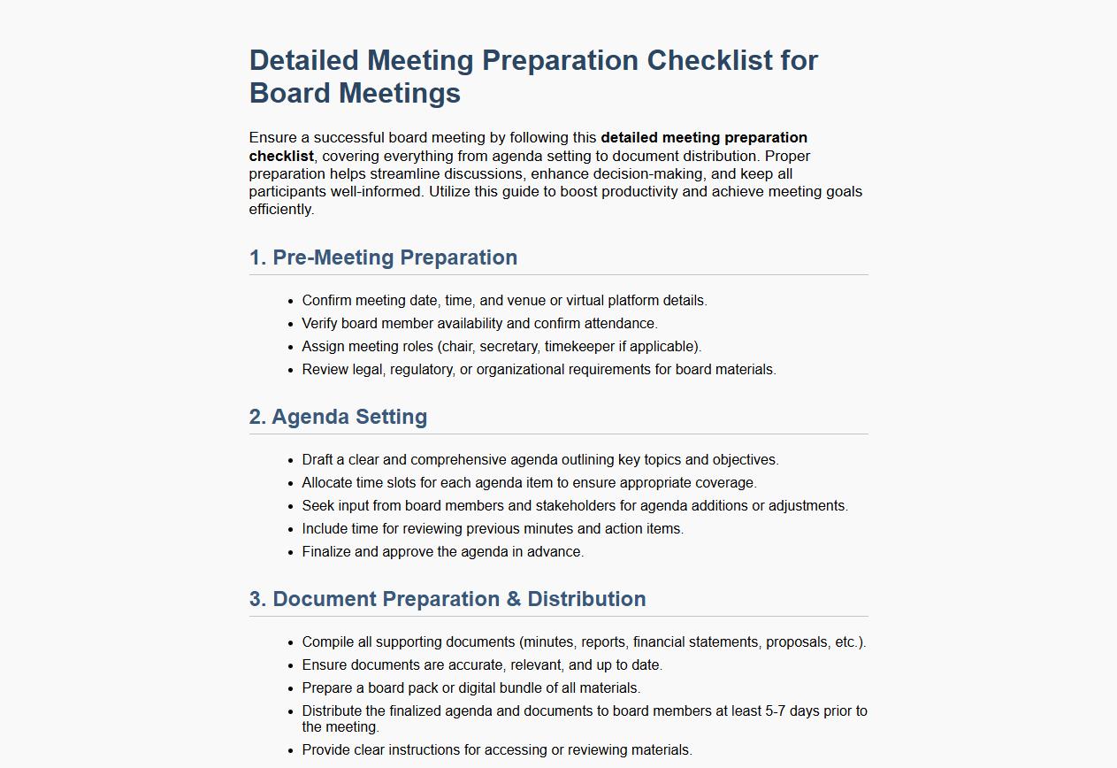 detailed meeting preparation checklist for board meetings image preview