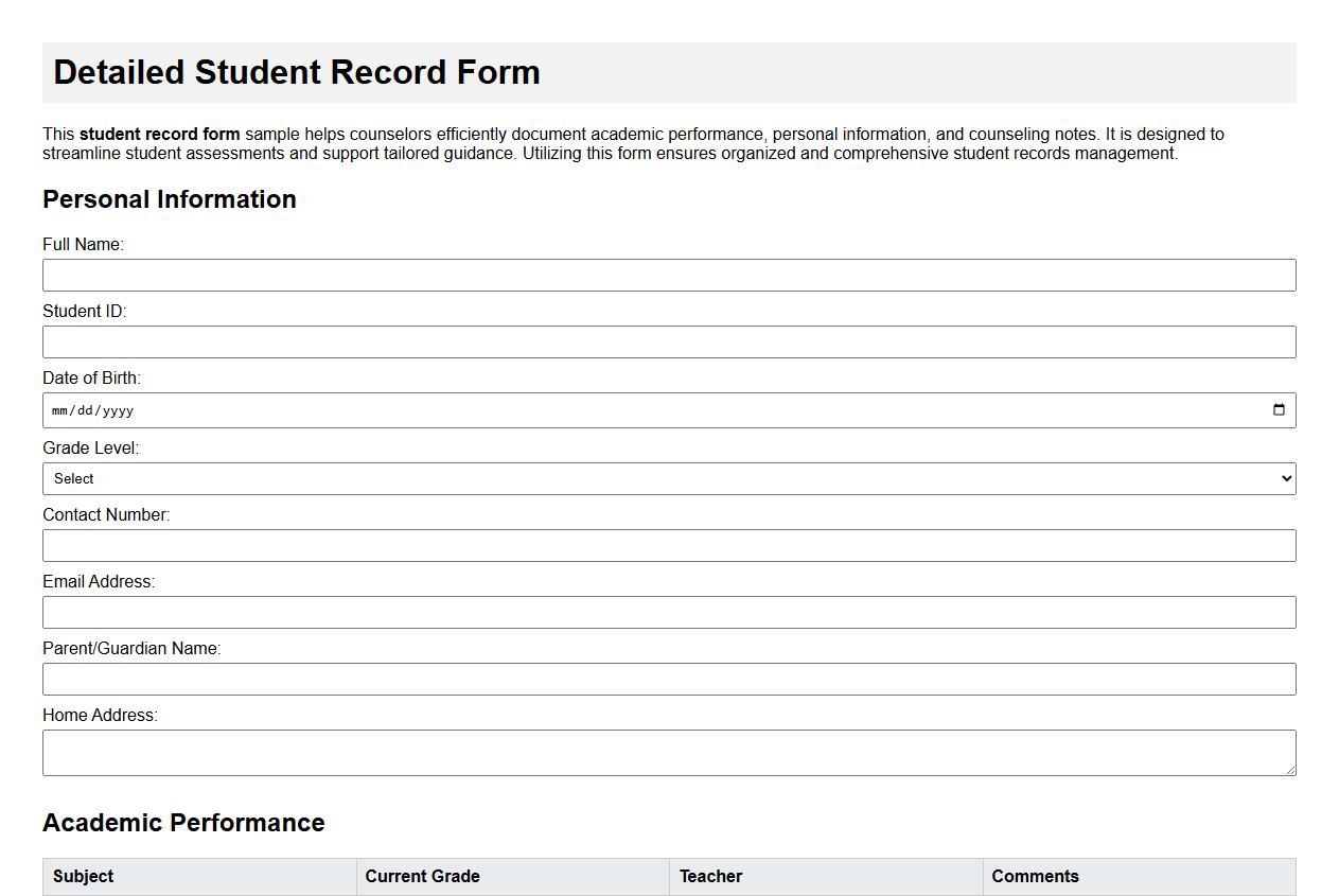 Detailed student record form sample for counselors image preview