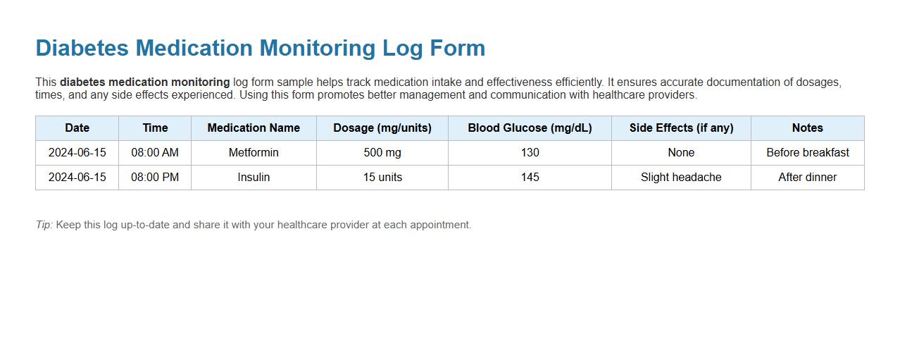 Diabetes medication monitoring log form sample image preview