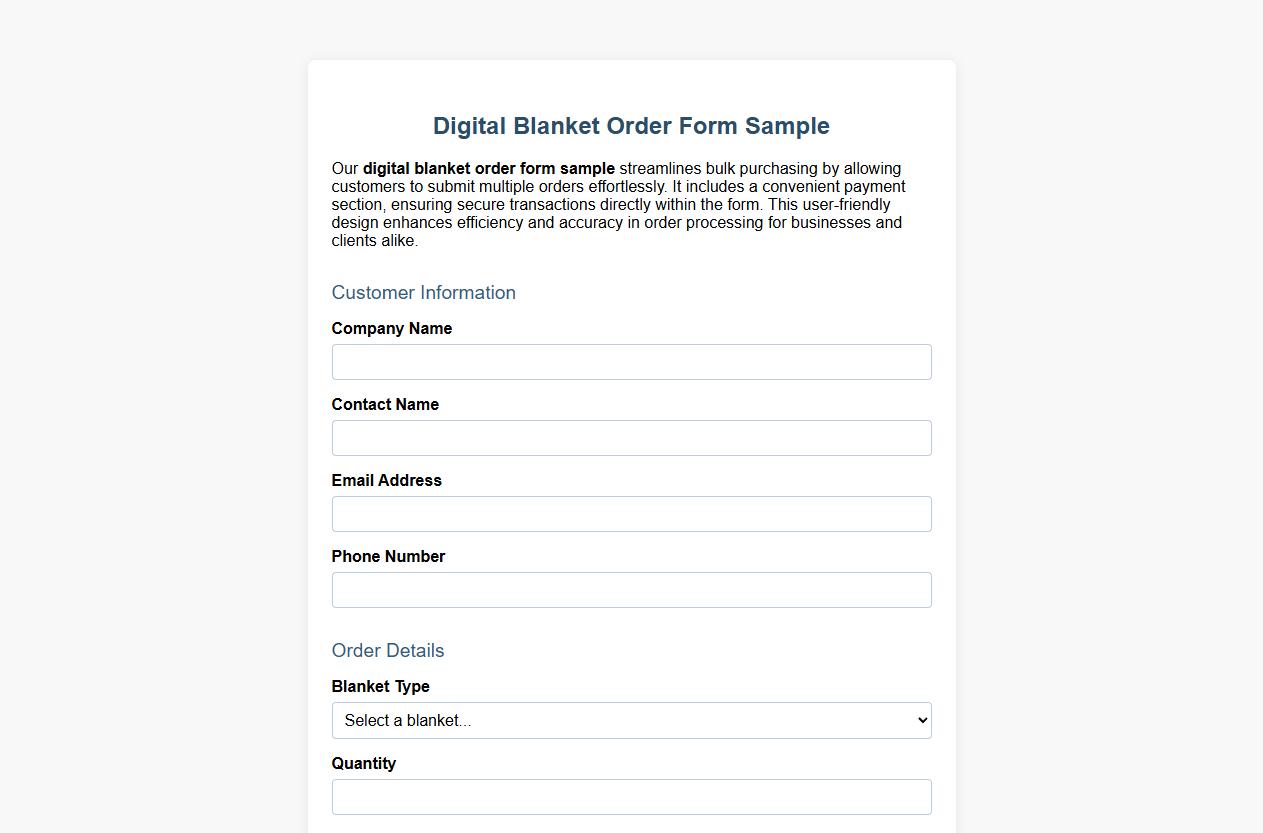 digital blanket order form sample with payment section image preview