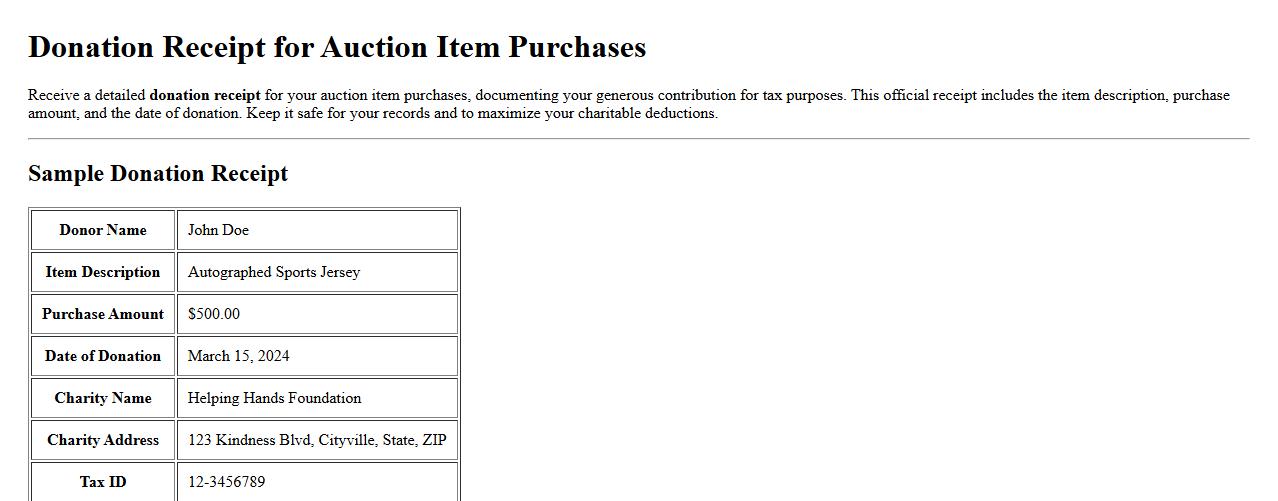 Donation receipt for auction item purchases image preview